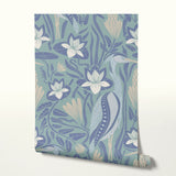 Art Nouveau floral pattern with white lilies, blue-green leaves and organic flowing design