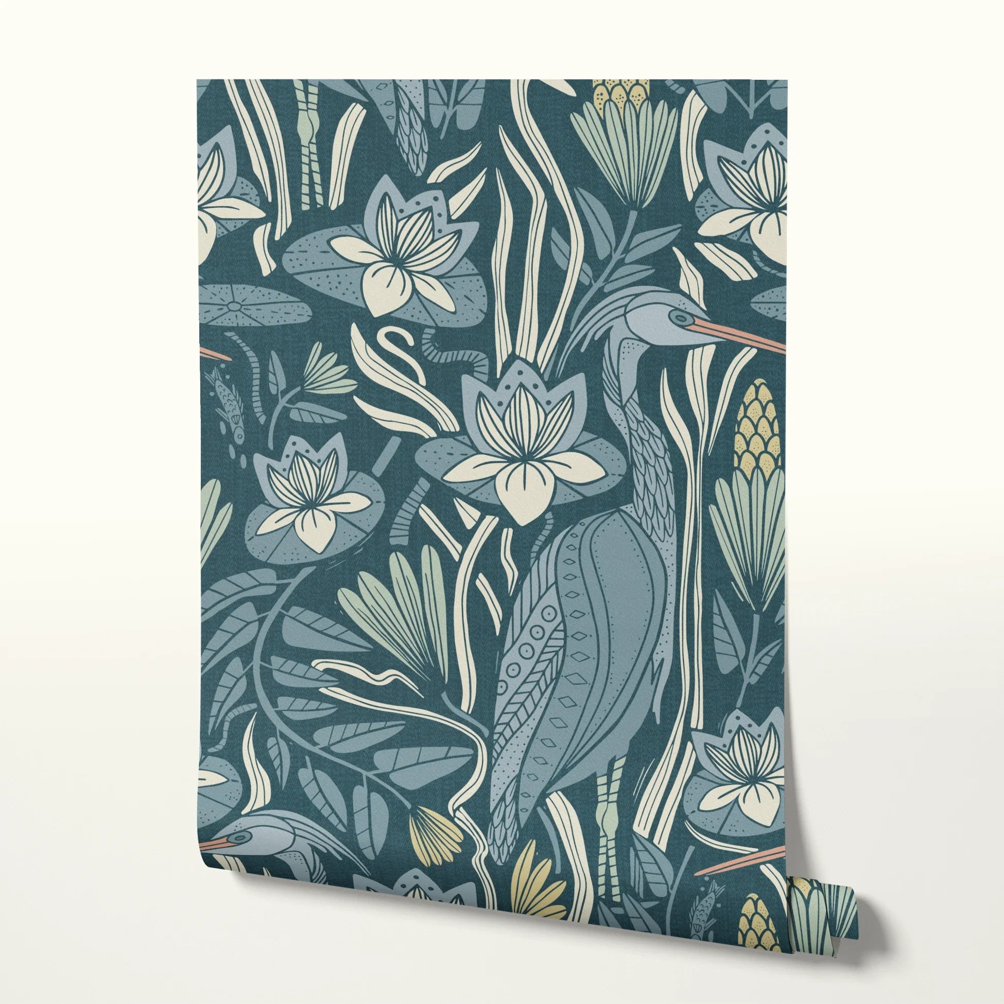 Blue-green botanical pattern with stylized flowers, leaves, and swans in Art Nouveau style
