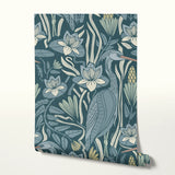 Blue-green botanical pattern with stylized flowers, leaves, and swans in Art Nouveau style