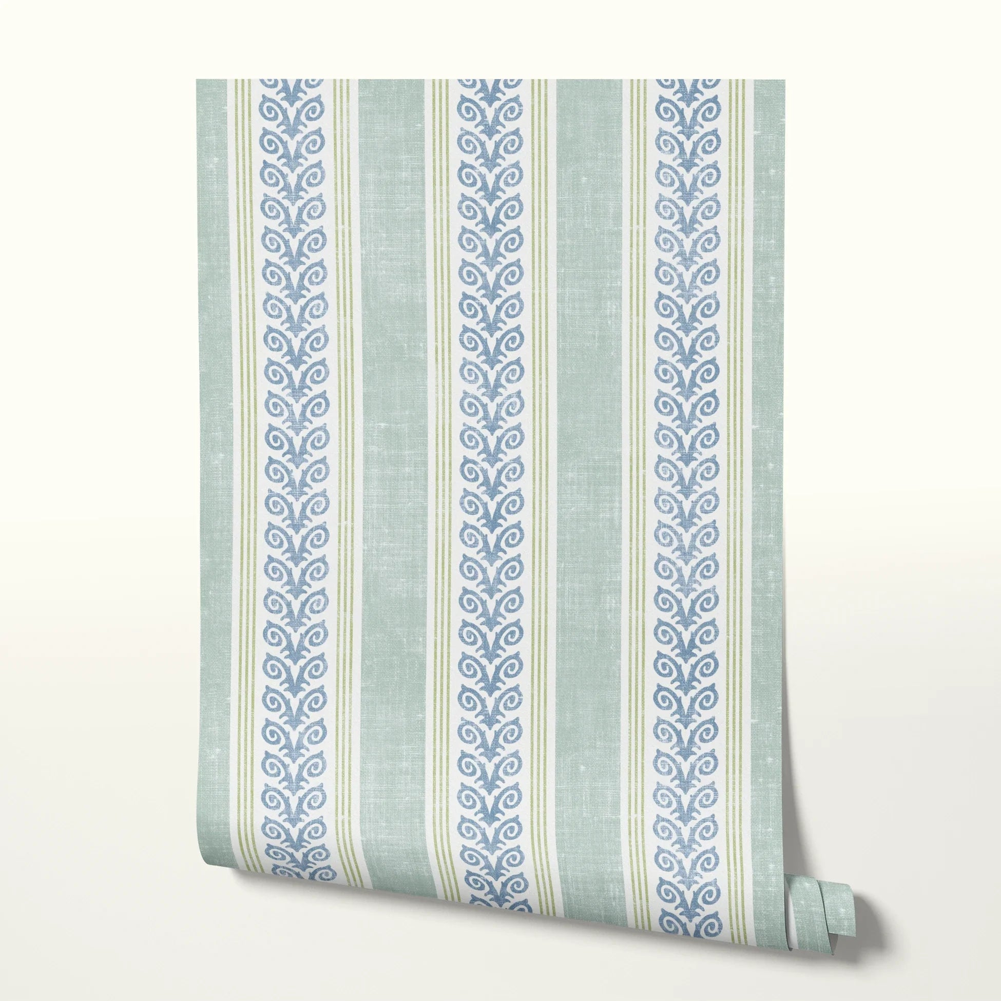 Vertical stripes with blue floral vine pattern on cream and light blue background