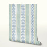 Vertical stripes with blue floral vine pattern on cream and light blue background
