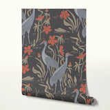 Decorative pattern with gray herons, red flowers, and beige foliage on dark background