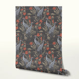 Dinosaurs and red flowers on dark background in vintage botanical illustration style