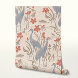 Decorative pattern with blue herons, beige cranes, and red flowers on cream background