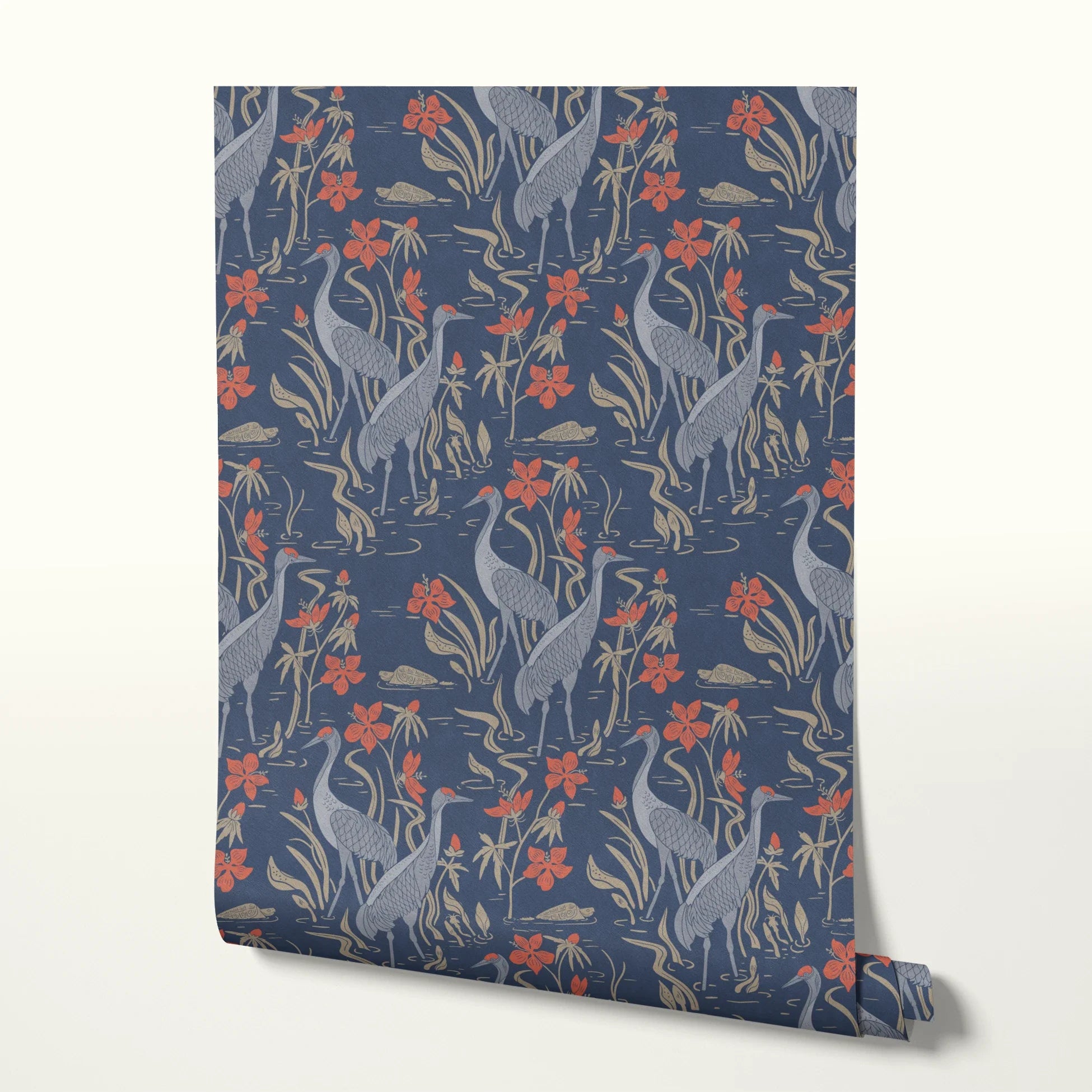 Blue wallpaper pattern with white herons, coral flowers, and green foliage in an Art Nouveau style