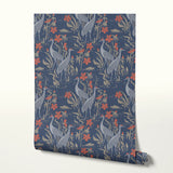 Blue wallpaper pattern with white herons, coral flowers, and green foliage in an Art Nouveau style