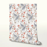 Decorative pattern with gray herons, brown rabbits, and red-orange flowers on white background