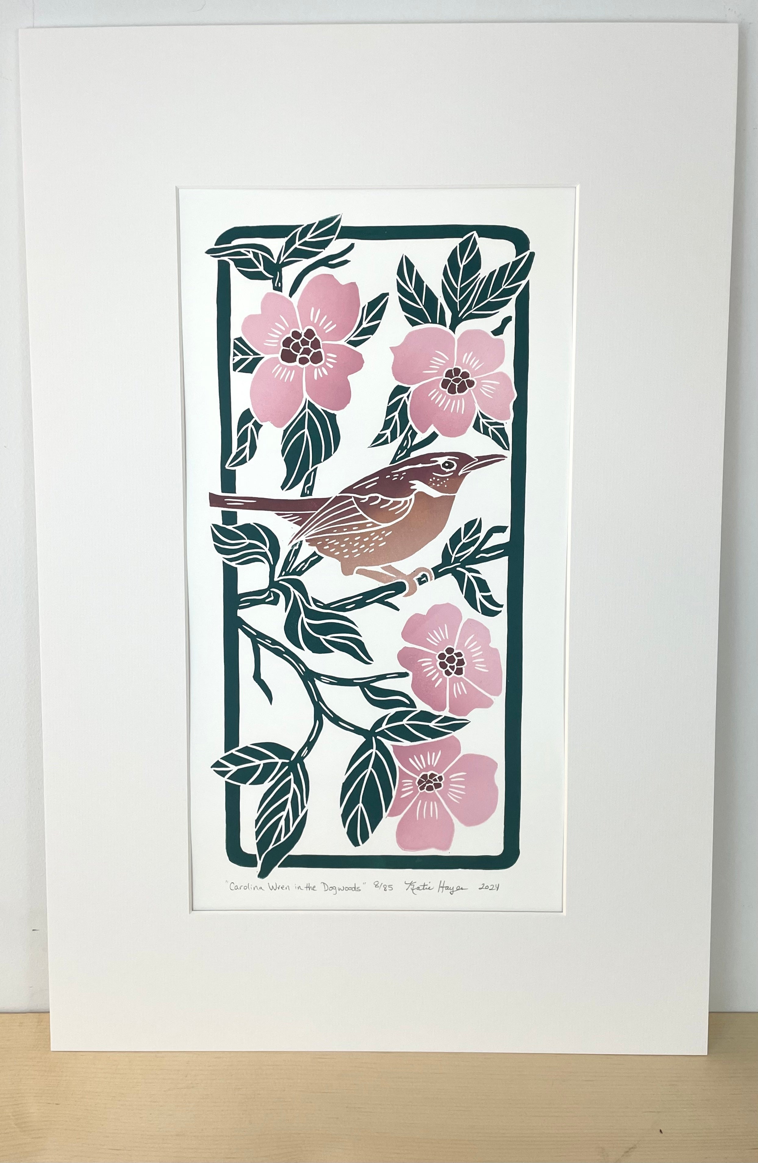 Carolina Wren in the Dogwoods, Limited Edition block print. Hand pulled with 13x19 mat