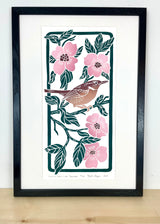 Carolina Wren in the Dogwoods, Limited Edition block print. Hand pulled with 13x19 mat