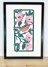Load image into Gallery viewer, Carolina Wren in the Dogwoods, Limited Edition block print. Hand pulled with 13x19 mat
