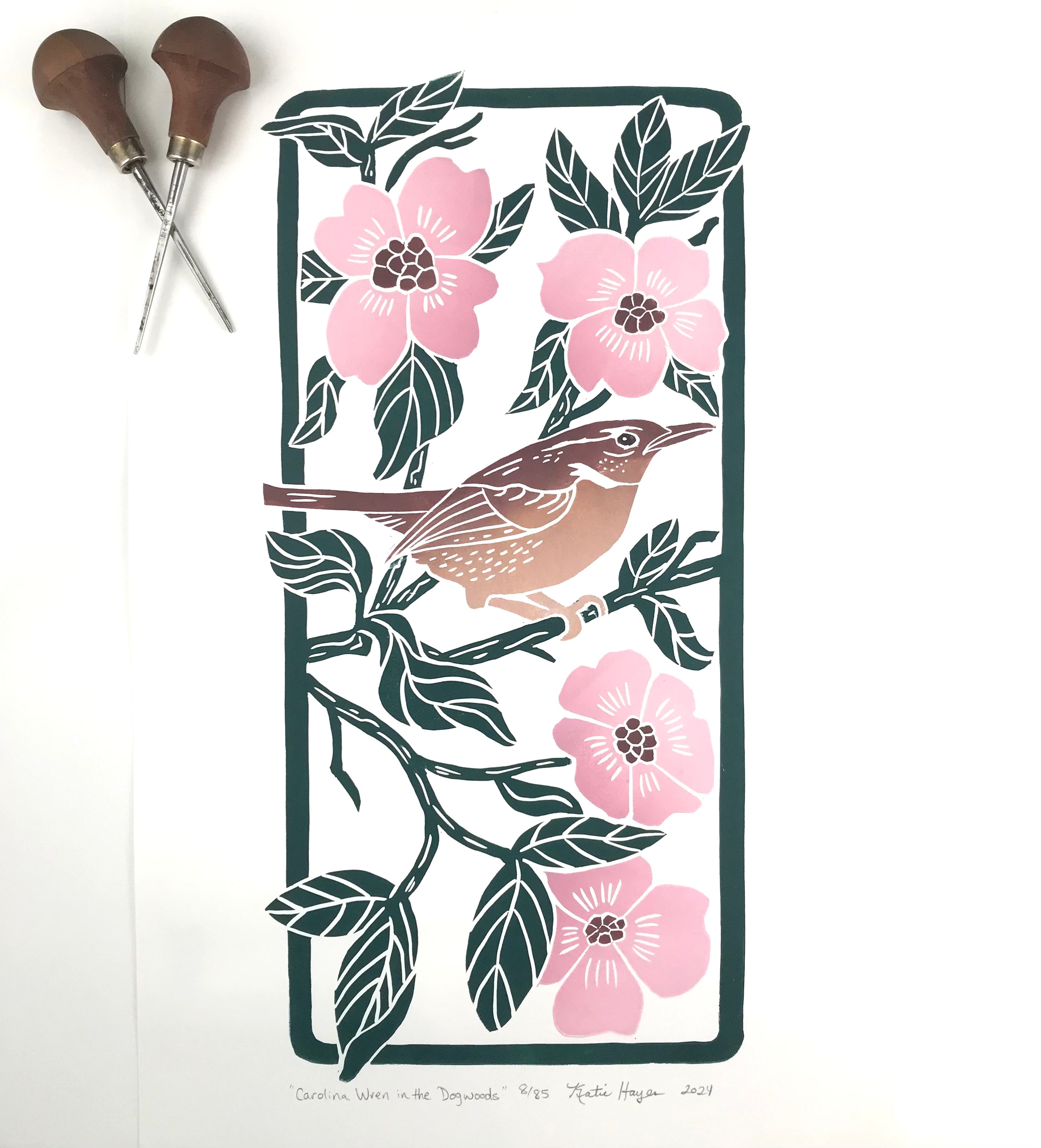 Carolina Wren in the Dogwoods, Limited Edition block print. Hand pulled with 13x19 mat