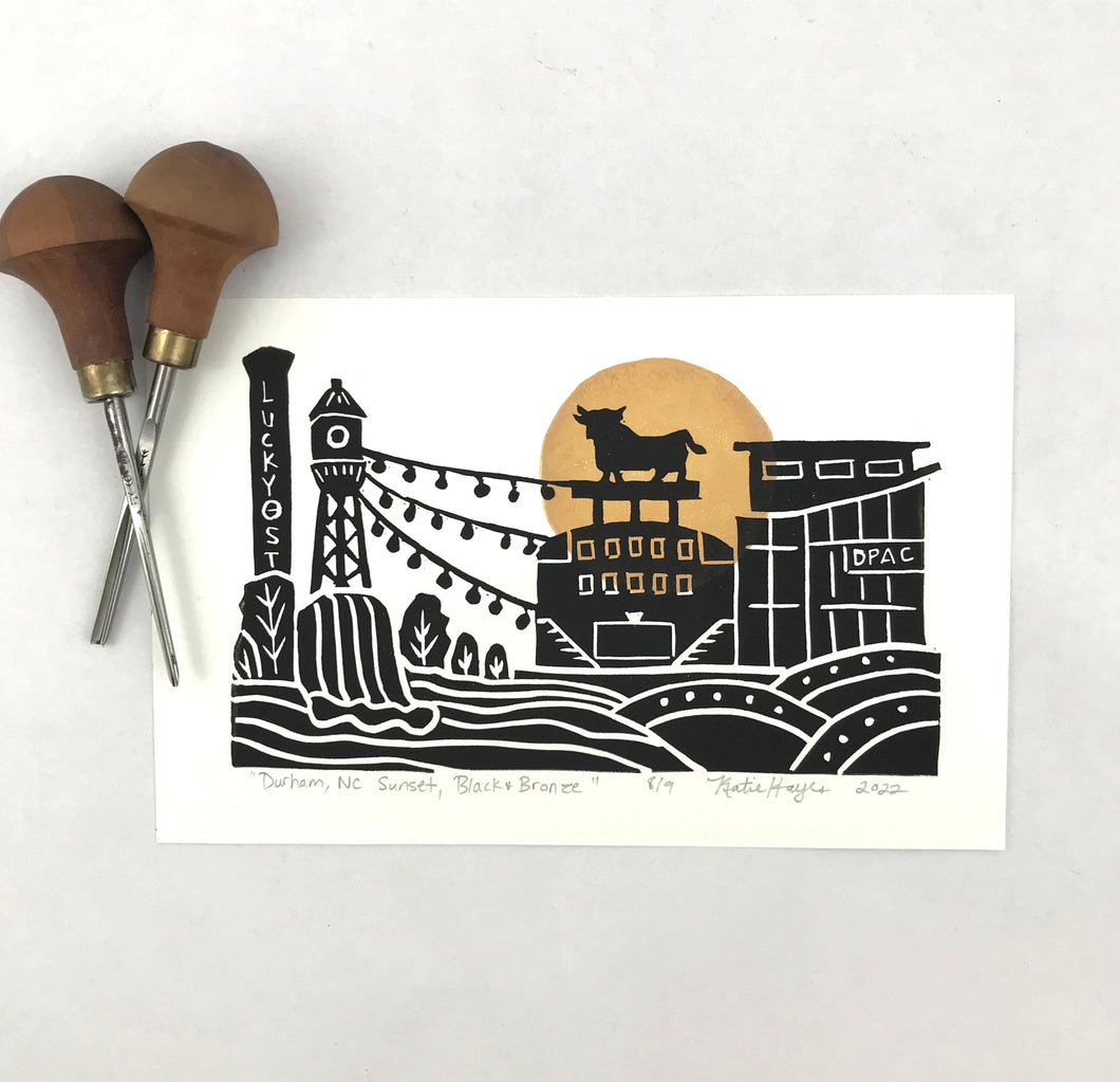 Durham, NC Sunset- Black & Bronze, Mini Block Print, Limited Edition, wall art
