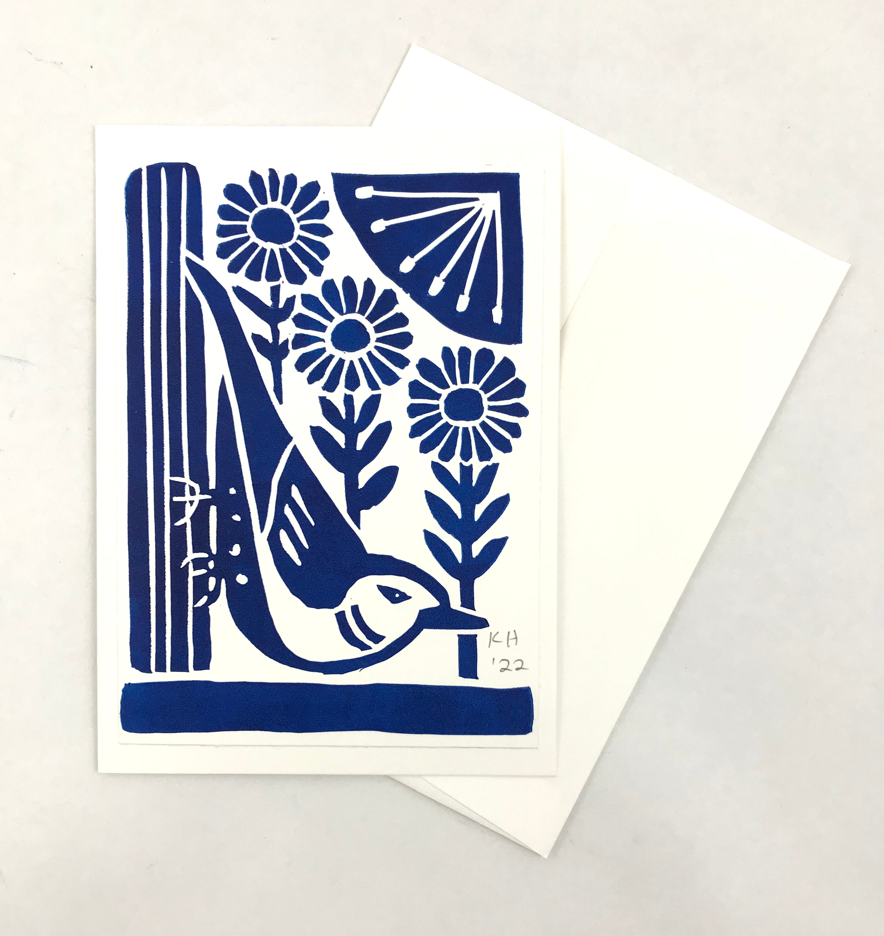 Nuthatch in Blue, block printed Greeting Card 5X7