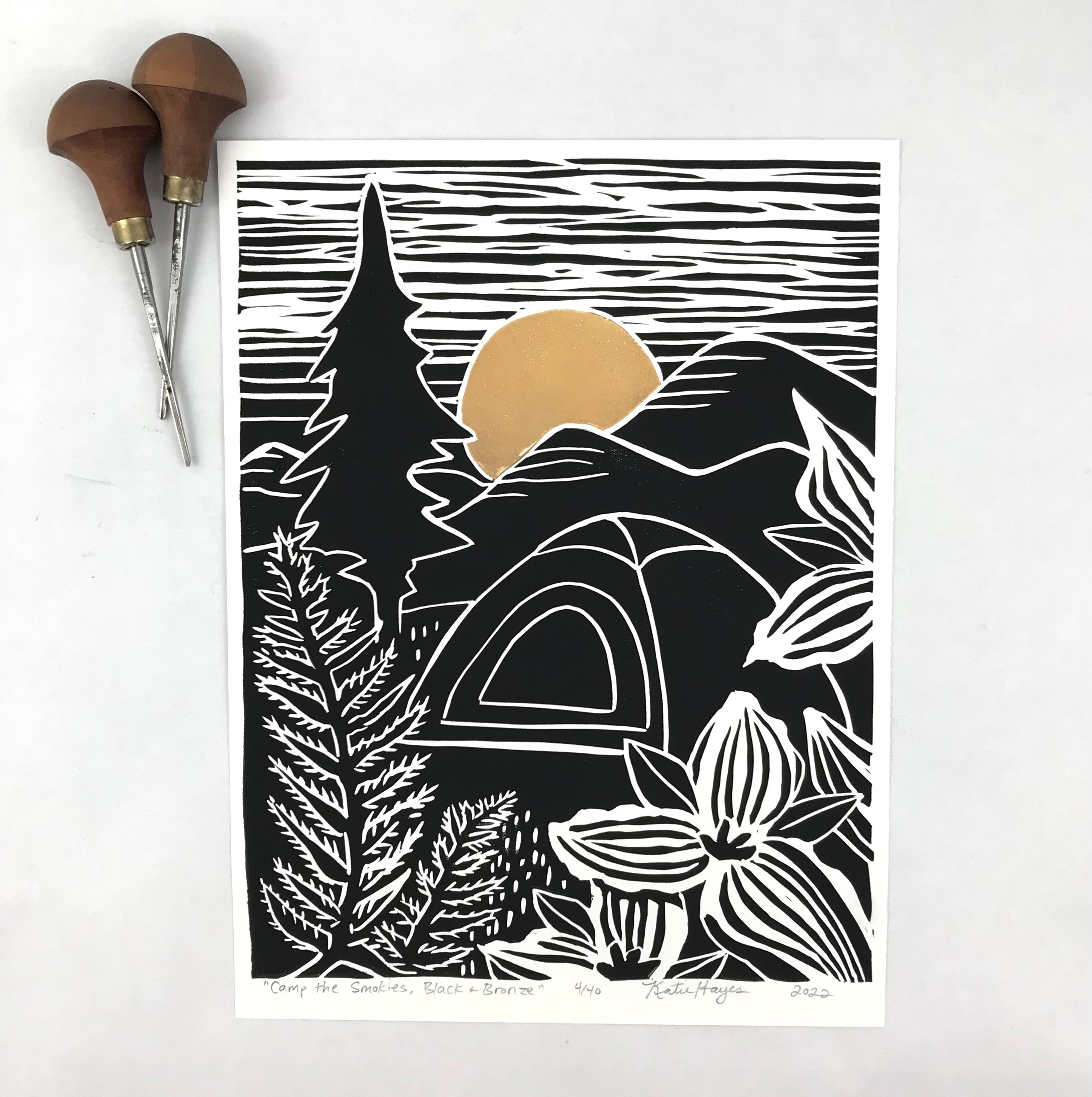 Camp the Smokies, Black and Bronze- Limited Edition block print 9X12