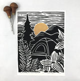 Camp the Smokies, Black and Bronze- Limited Edition block print 9X12