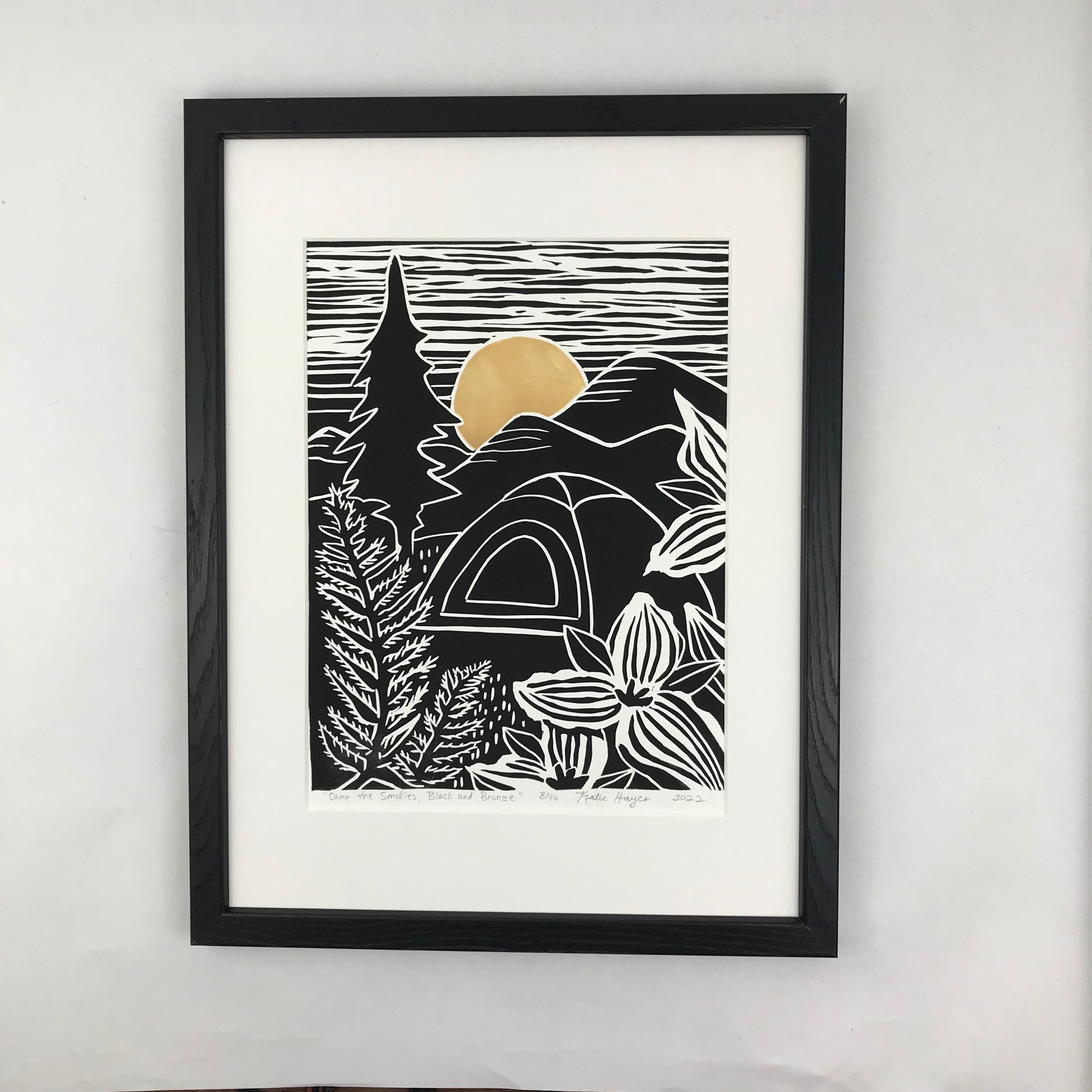 Camp the Smokies, Black and Bronze- Limited Edition block print 9X12