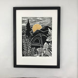 Camp the Smokies, Black and Bronze- Limited Edition block print 9X12