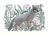 Gray Fox in the Ironweed,  Full color Block Print with 18x24 mat