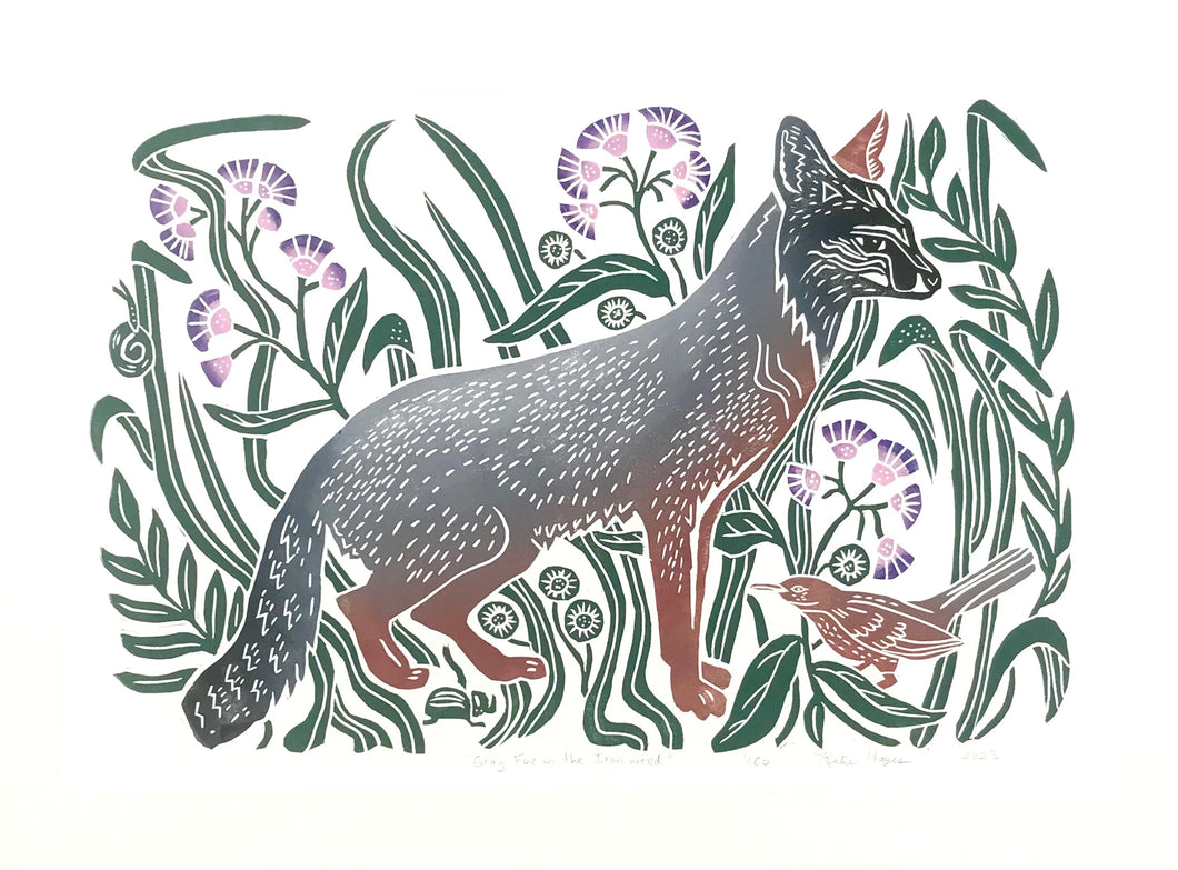 Gray Fox in the Ironweed,  Full color Block Print with 18x24 mat