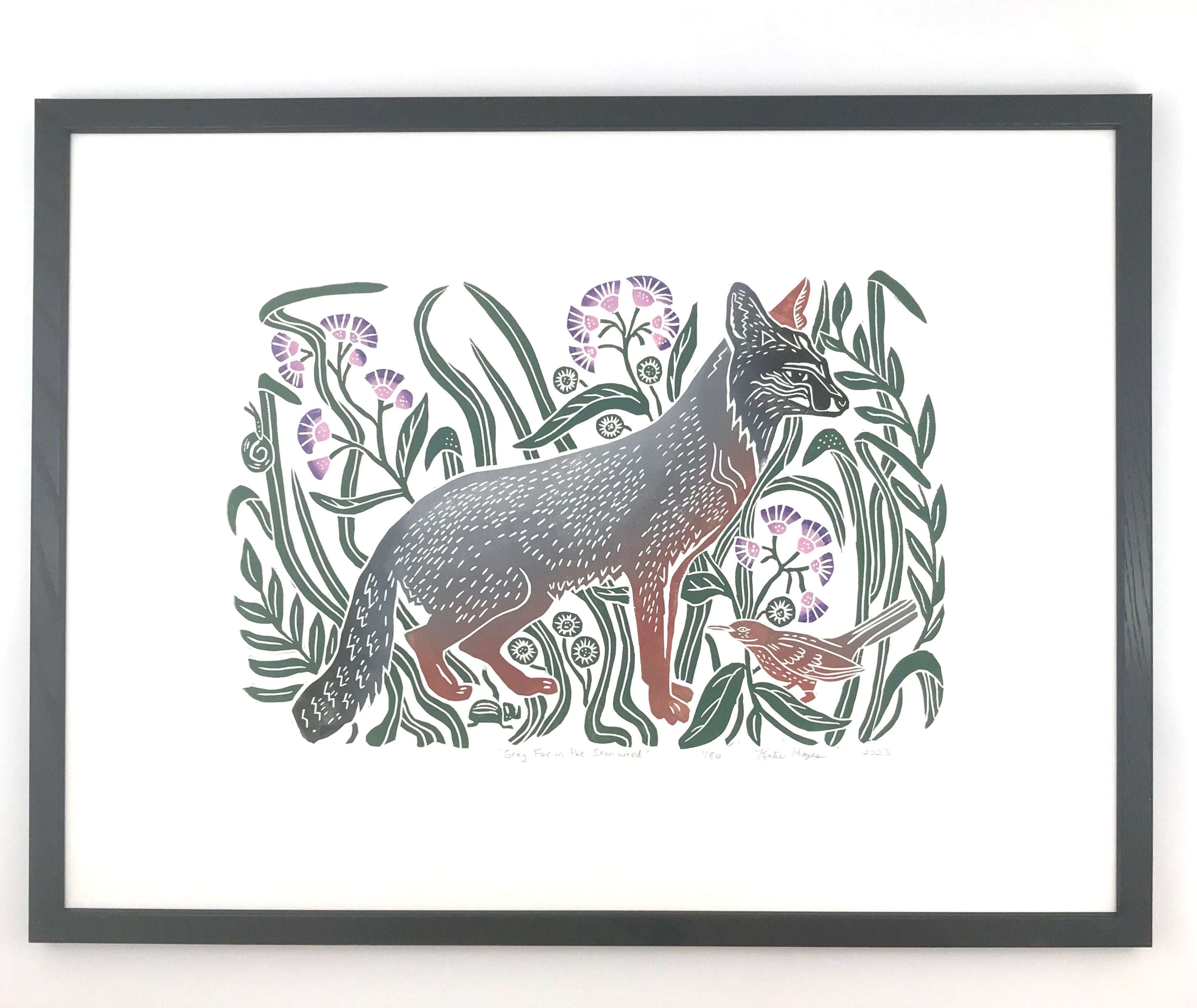 Gray Fox in the Ironweed,  Full color Block Print with 18x24 mat