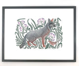 Gray Fox in the Ironweed,  Full color Block Print with 18x24 mat