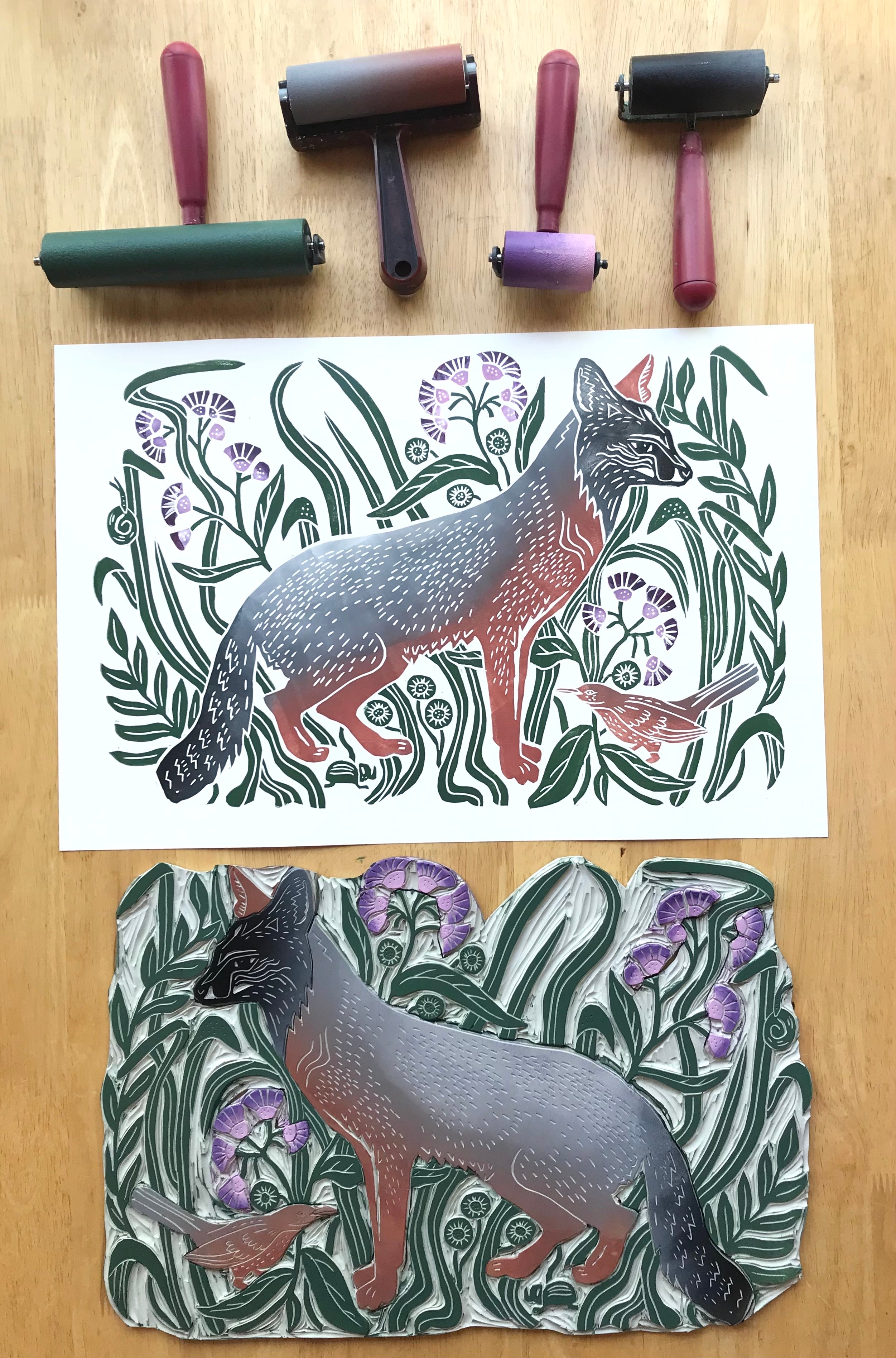 Gray Fox in the Ironweed,  Full color Block Print with 18x24 mat