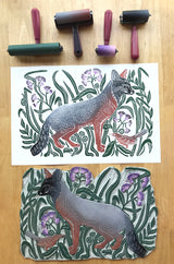 Gray Fox in the Ironweed,  Full color Block Print with 18x24 mat