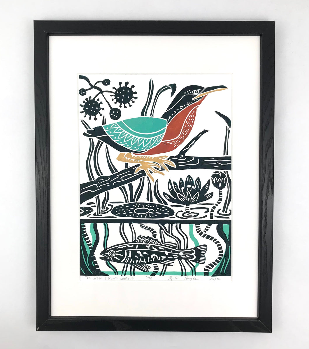 Green Heron, 12x16 Block Print