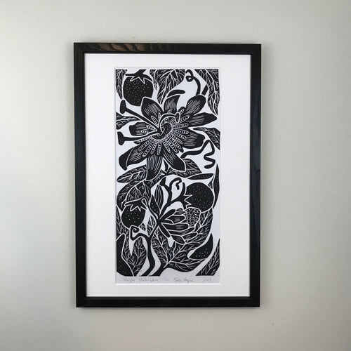 Maypop, limited edition black and white block print. Hand pulled on 12x18 paper