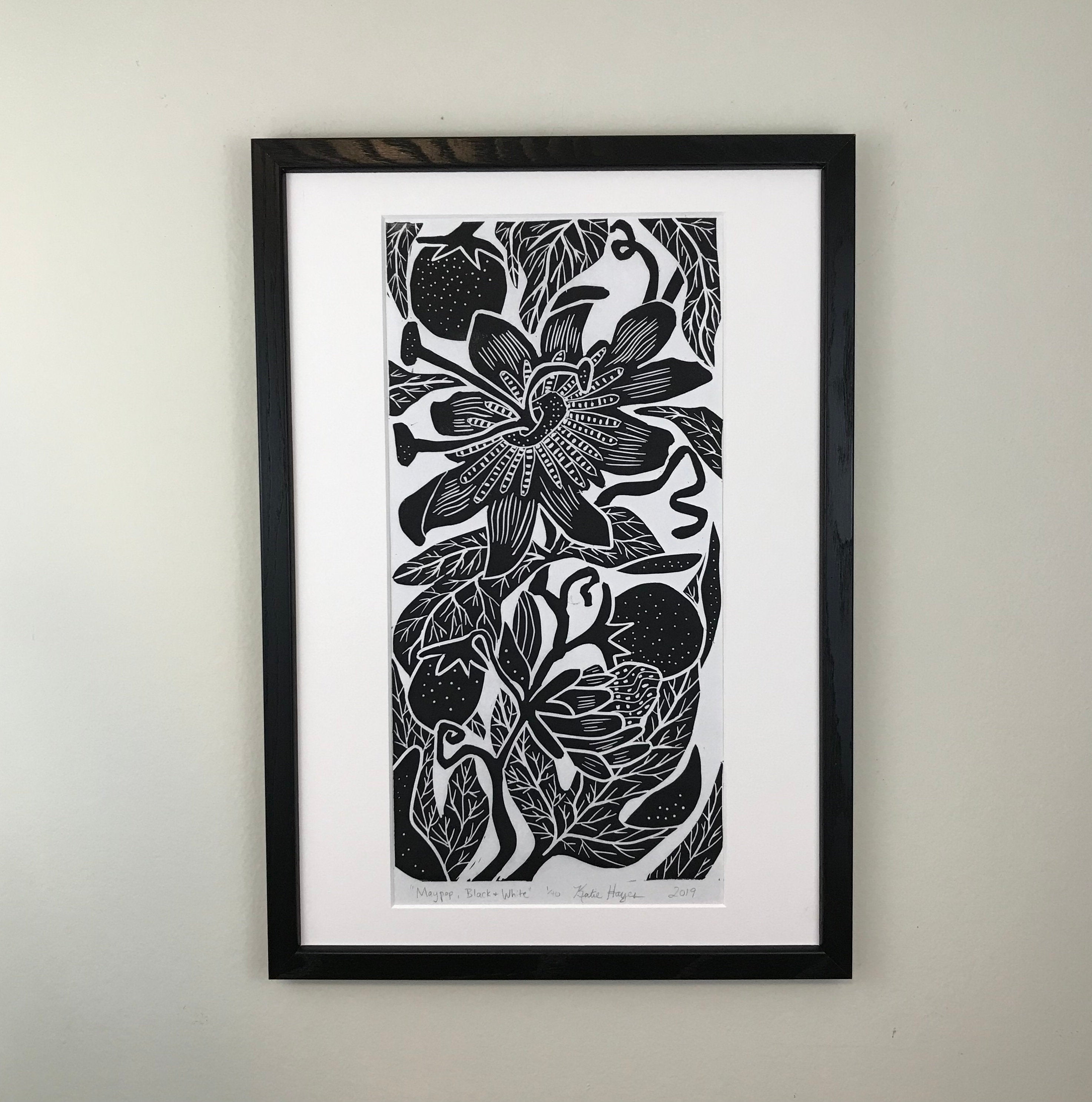 Maypop, limited edition black and white block print. Hand pulled on 12x18 paper