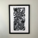Maypop, limited edition black and white block print. Hand pulled on 12x18 paper