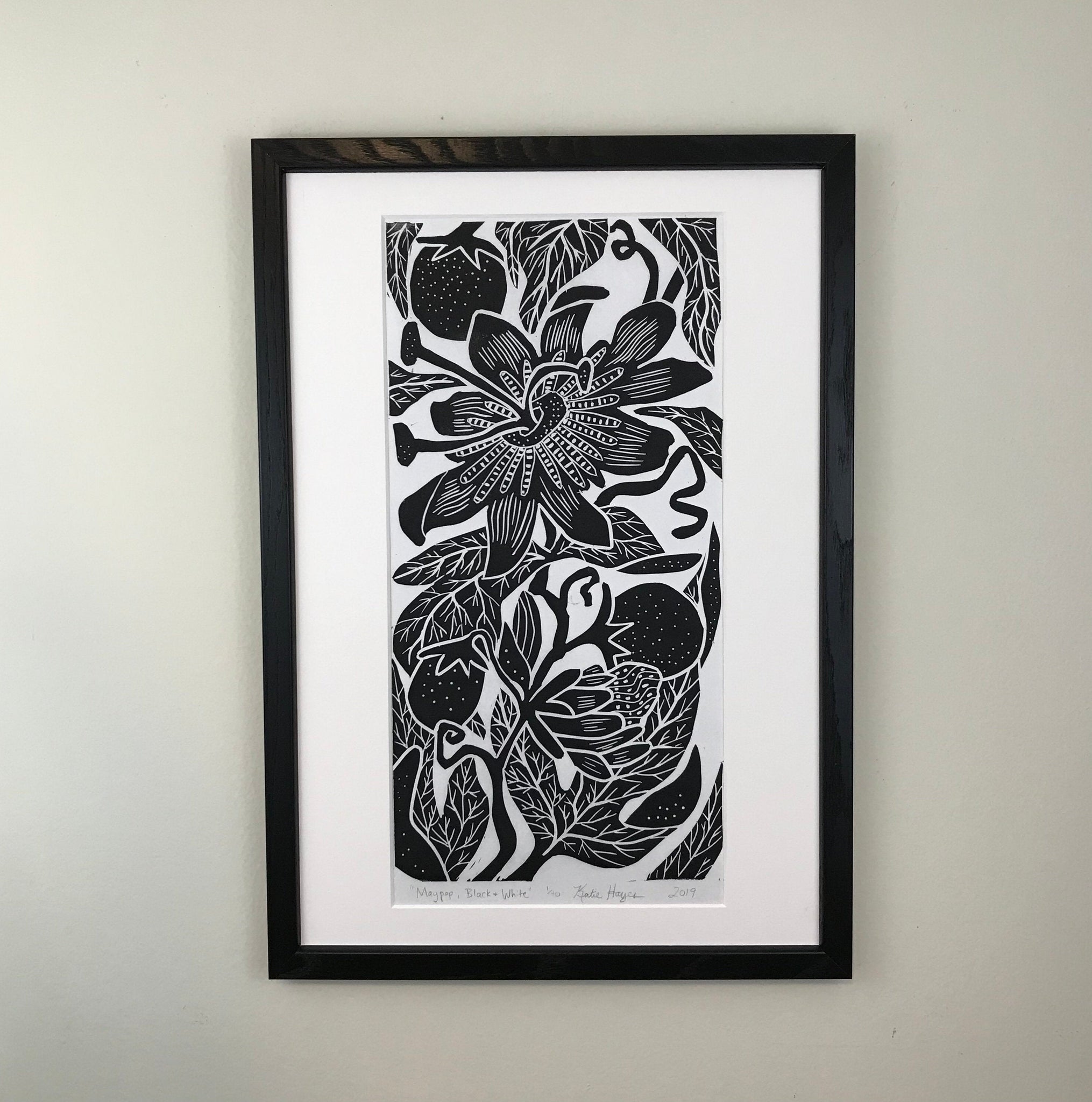 Maypop, limited edition black and white block print. Hand pulled