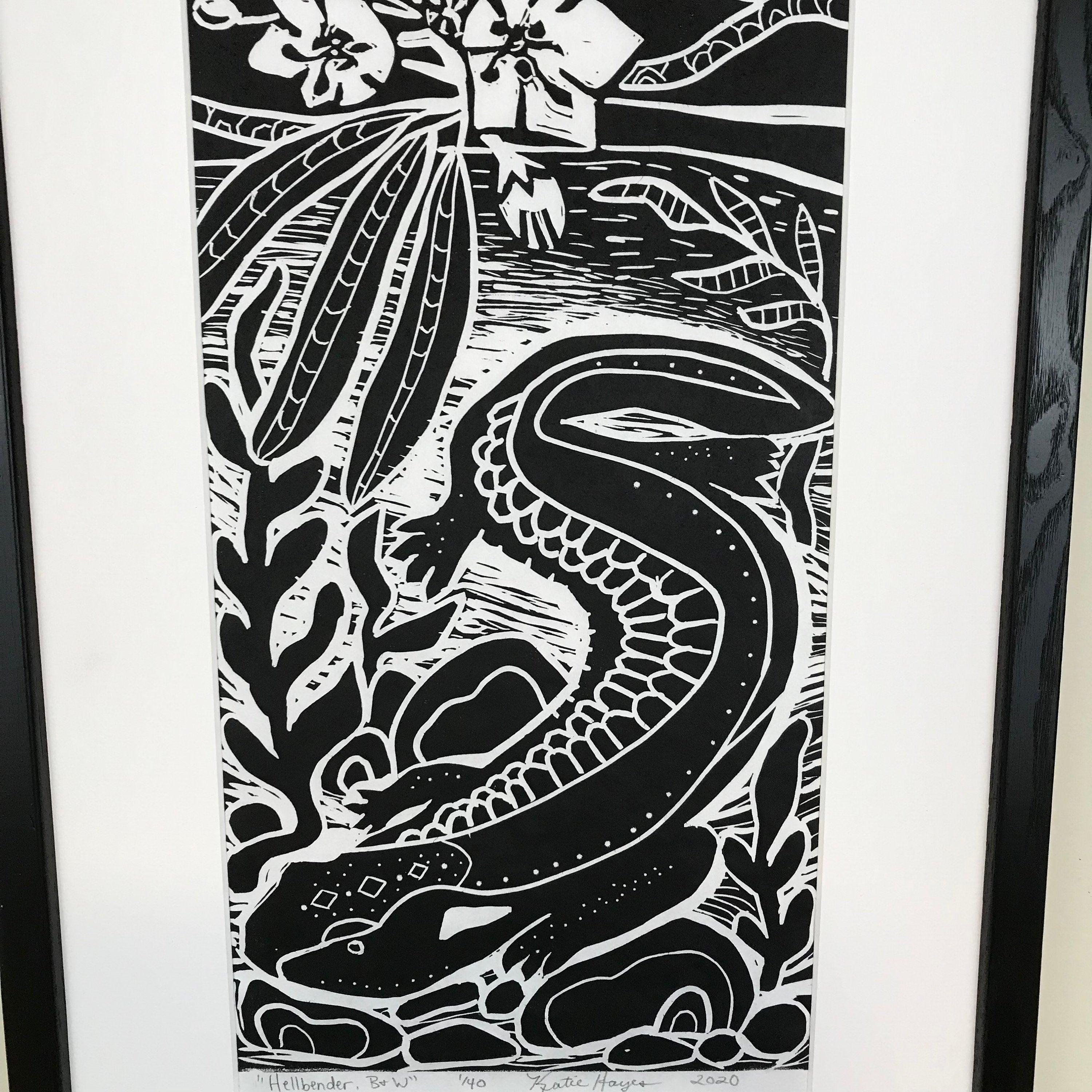 Hellbender Salamander, limited edition black and white block print. Hand pulled with 13x19 mat