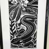 Hellbender Salamander, limited edition black and white block print. Hand pulled with 13x19 mat