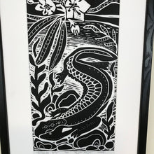 Load image into Gallery viewer, Hellbender Salamander, limited edition black and white block print. Hand pulled with 13x19 mat
