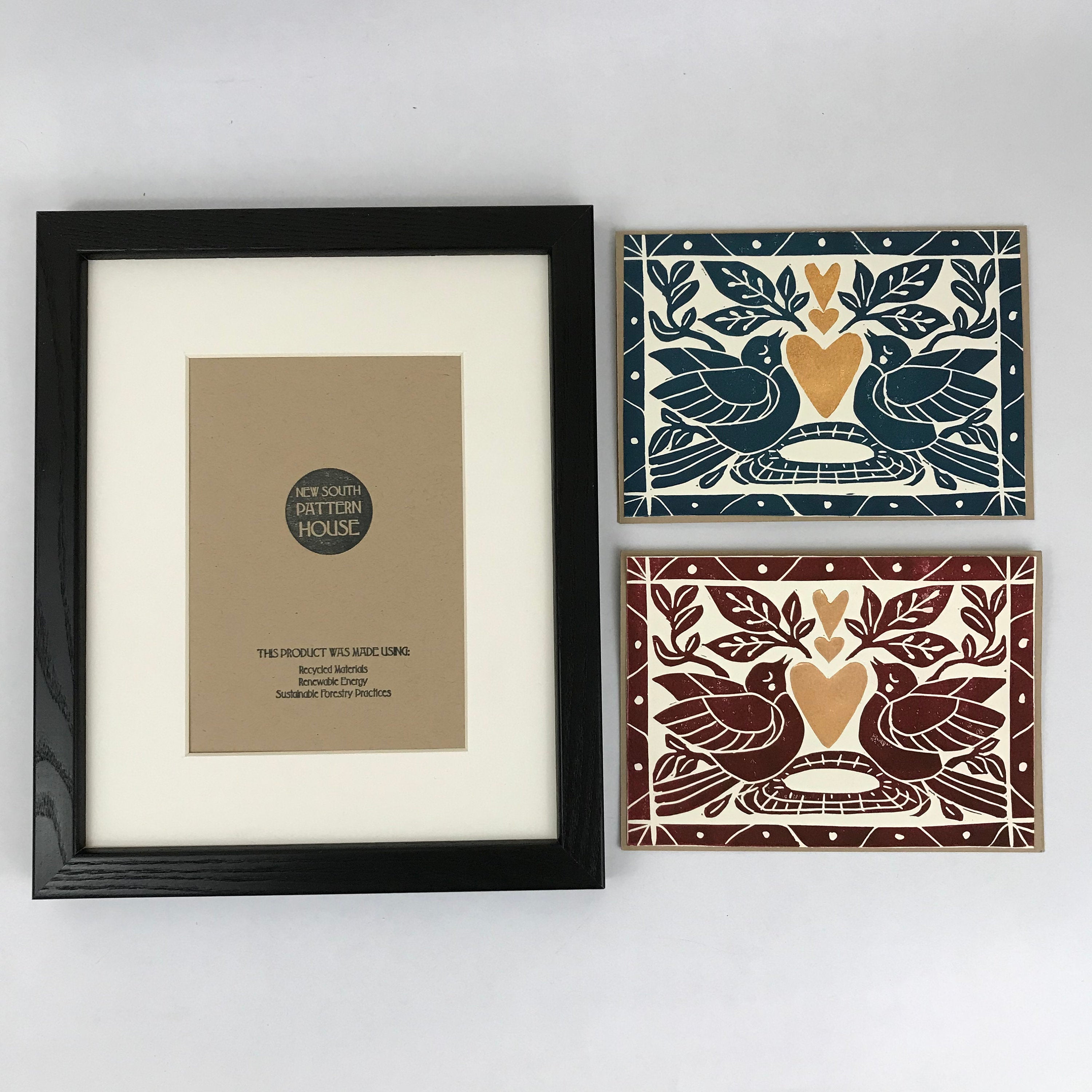 Heart of Gold folk art greeting card in Deepwater Blue.  Hand Printed Linocut 5X7