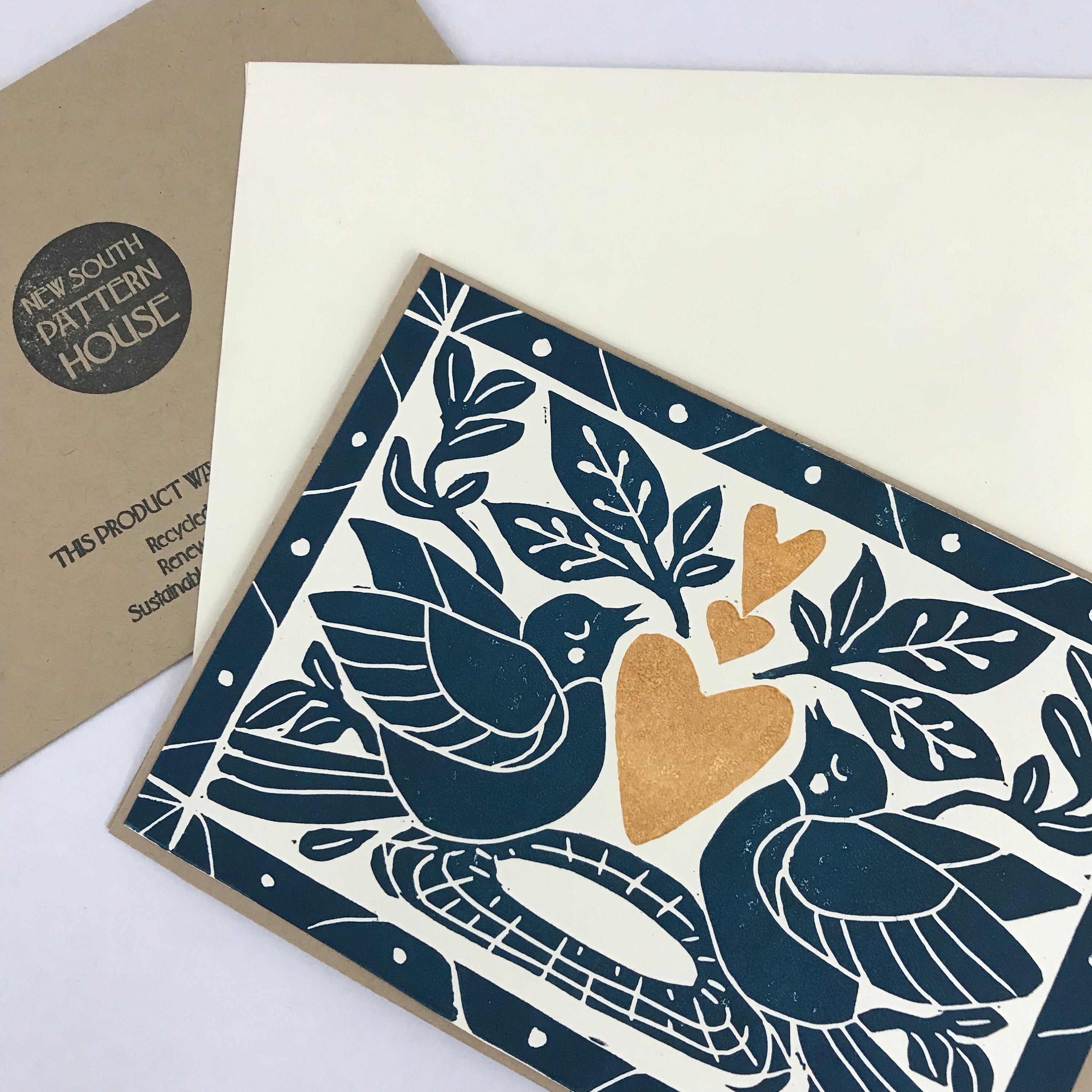 Heart of Gold folk art greeting card in Deepwater Blue.  Hand Printed Linocut 5X7