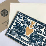 Heart of Gold folk art greeting card in Deepwater Blue.  Hand Printed Linocut 5X7