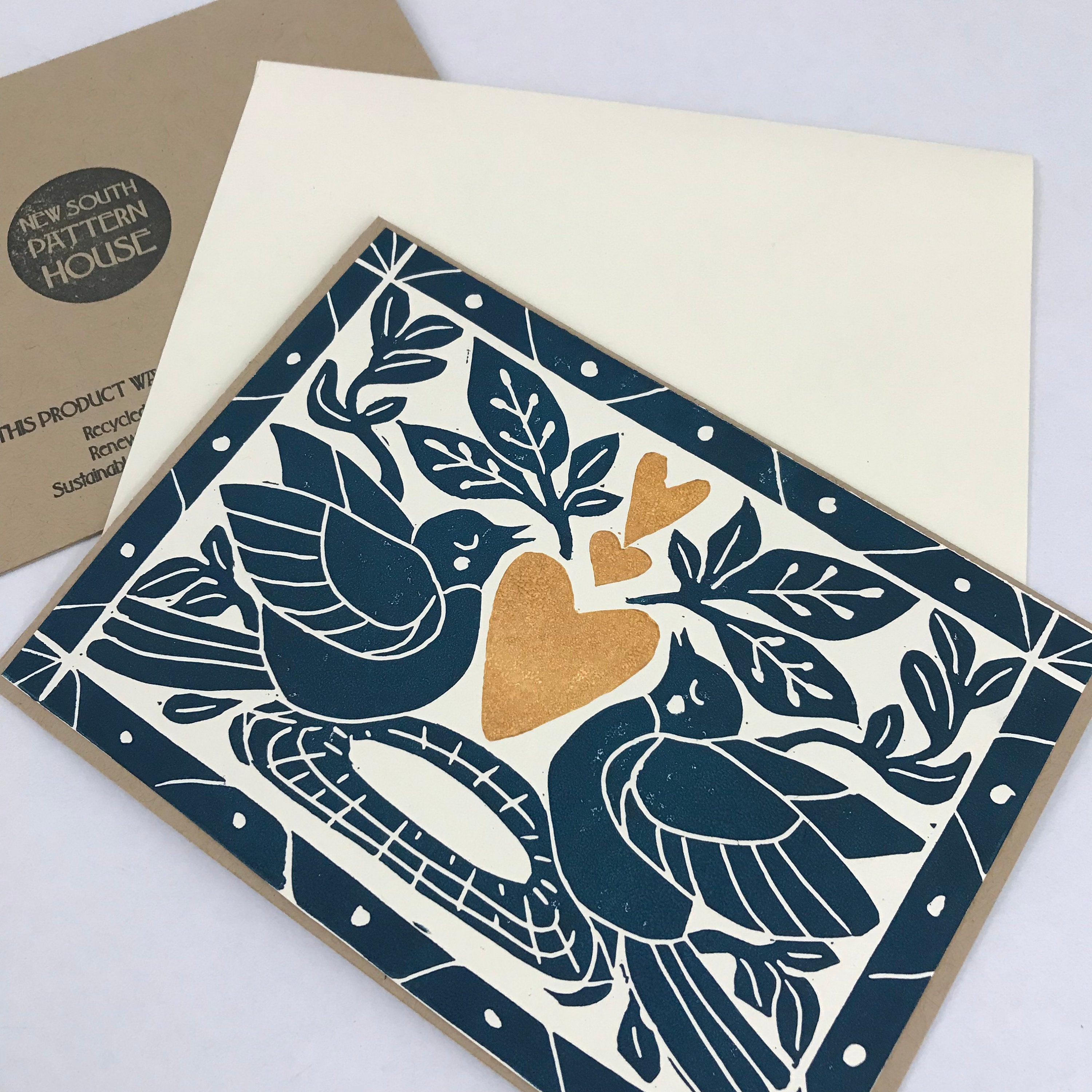 Heart of Gold folk art greeting card in Deepwater Blue.  Hand Printed Linocut 5X7