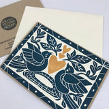 Heart of Gold folk art greeting card in Deepwater Blue.  Hand Printed Linocut 5X7