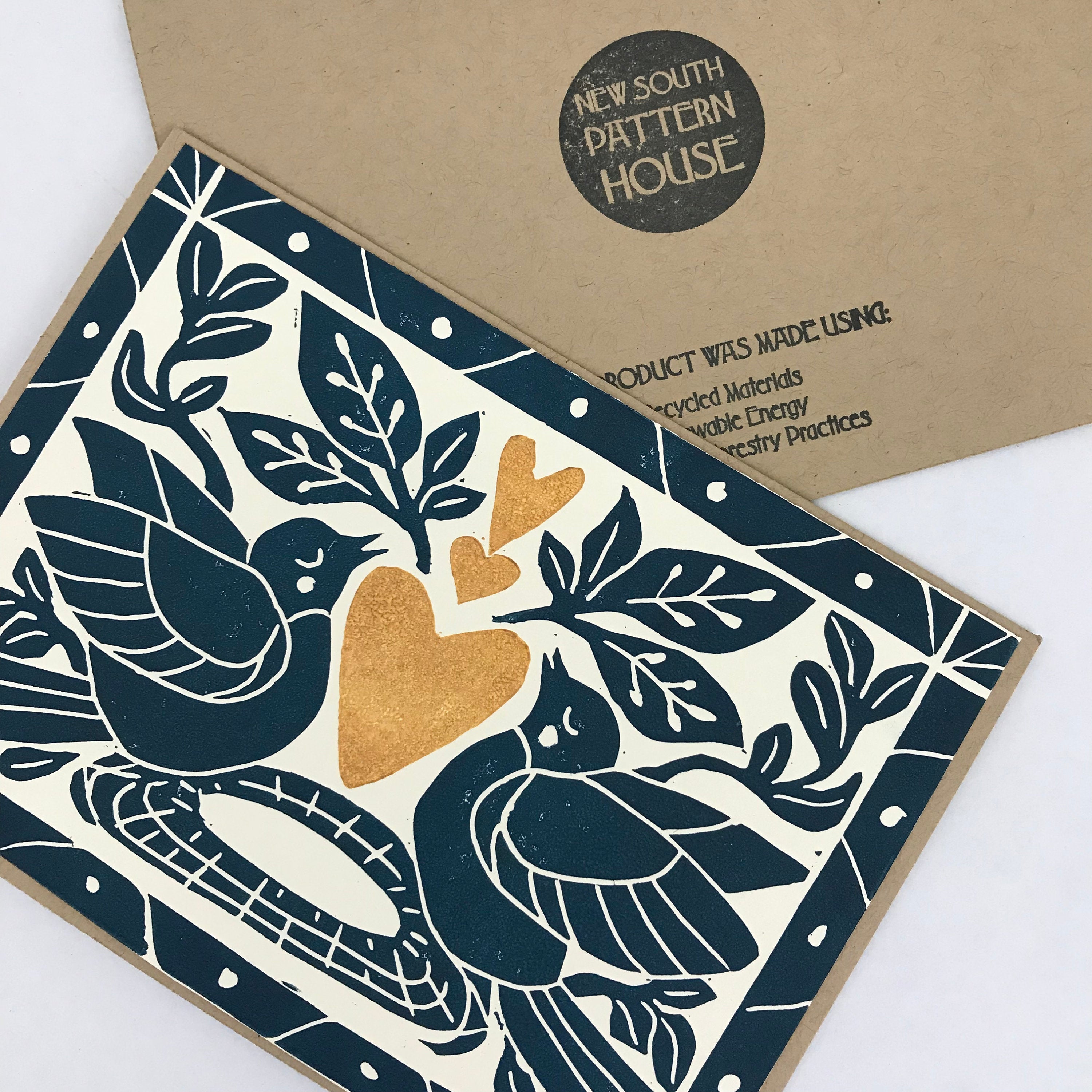 Heart of Gold folk art greeting card in Deepwater Blue.  Hand Printed Linocut 5X7