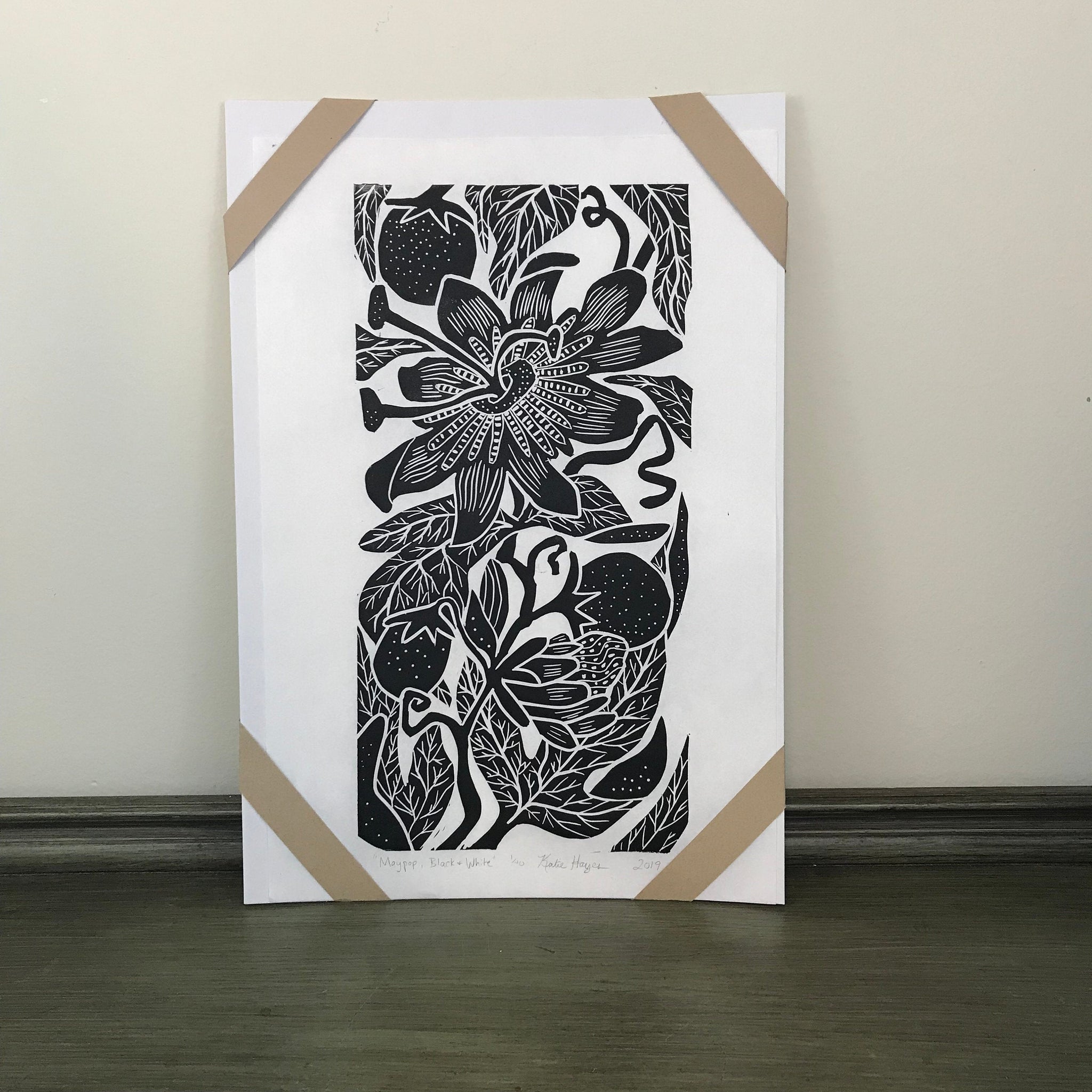 Maypop, limited edition black and white block print. Hand pulled