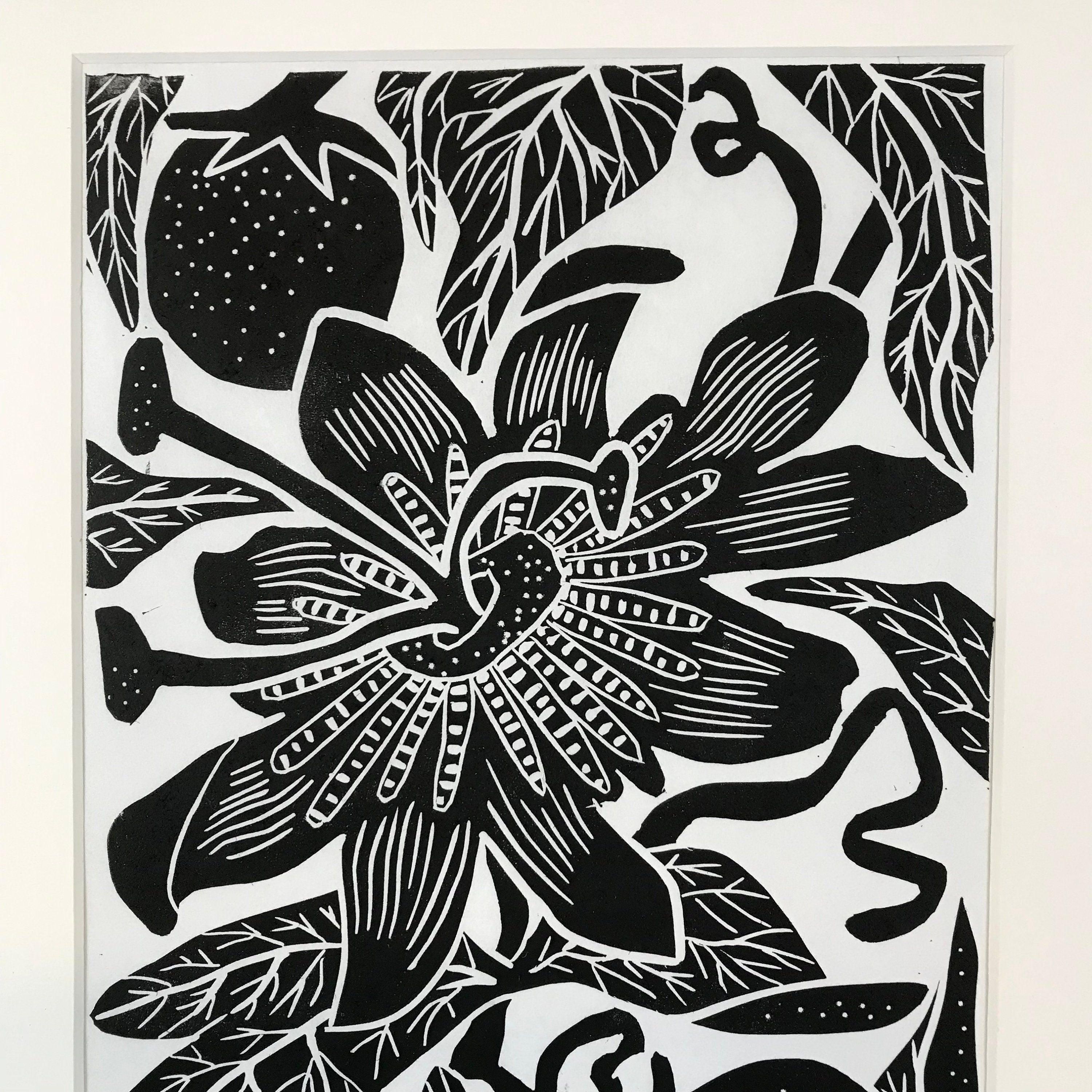 Maypop, limited edition black and white block print. Hand pulled on 12x18 paper