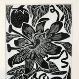 Maypop, limited edition black and white block print. Hand pulled on 12x18 paper