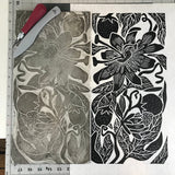 Maypop, limited edition black and white block print. Hand pulled on 12x18 paper