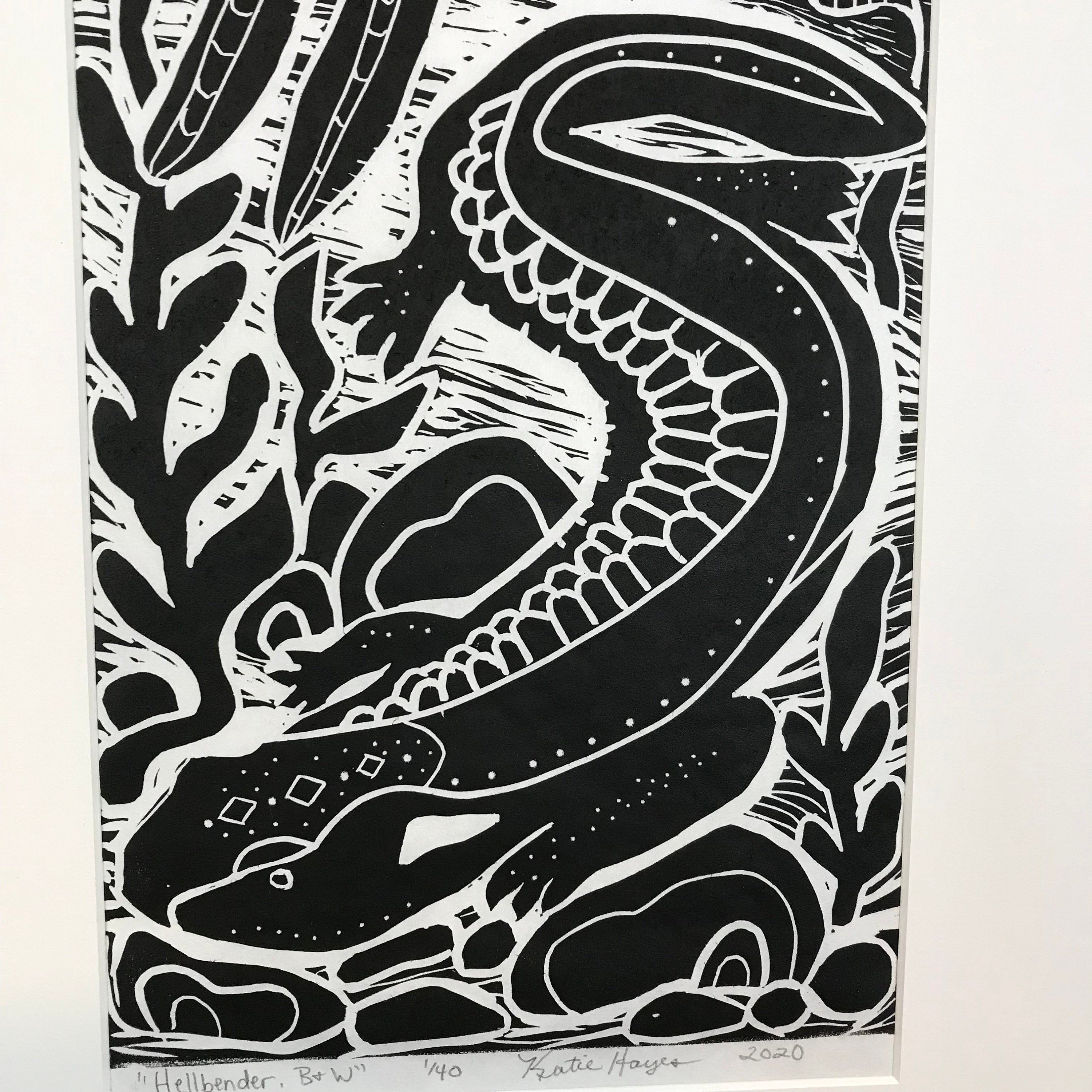 Hellbender Salamander, limited edition black and white block print. Hand pulled with 13x19 mat