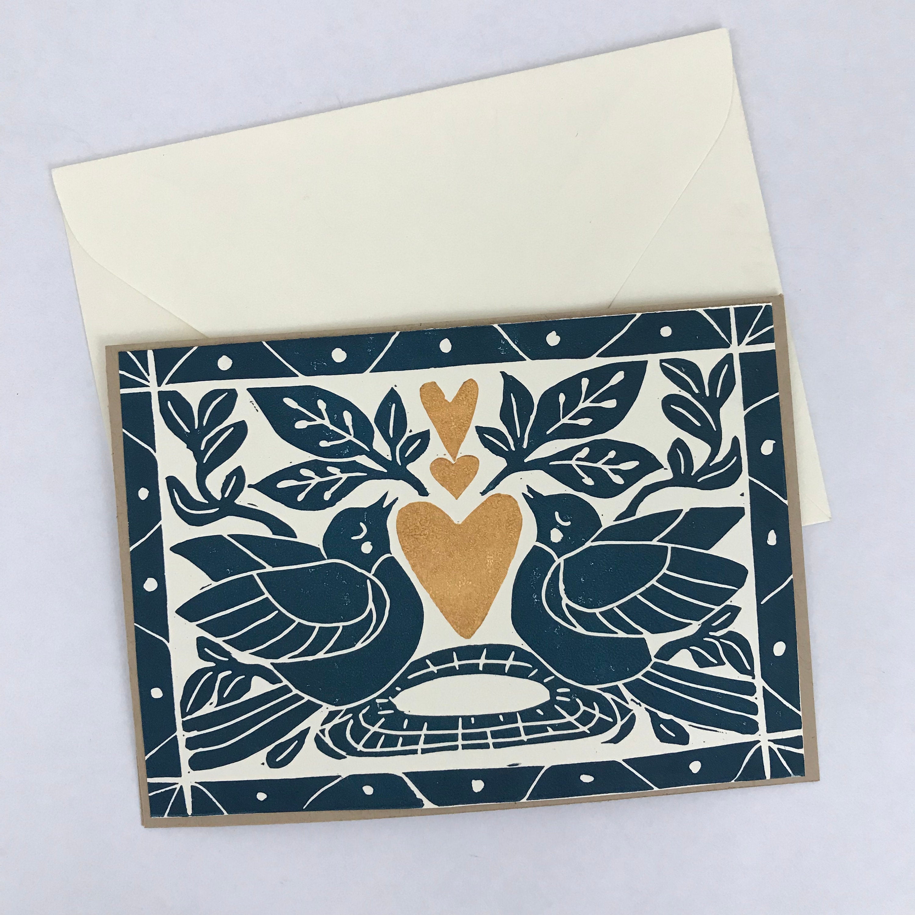 Heart of Gold folk art greeting card in Deepwater Blue.  Hand Printed Linocut 5X7