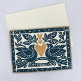 Heart of Gold folk art greeting card in Deepwater Blue.  Hand Printed Linocut 5X7