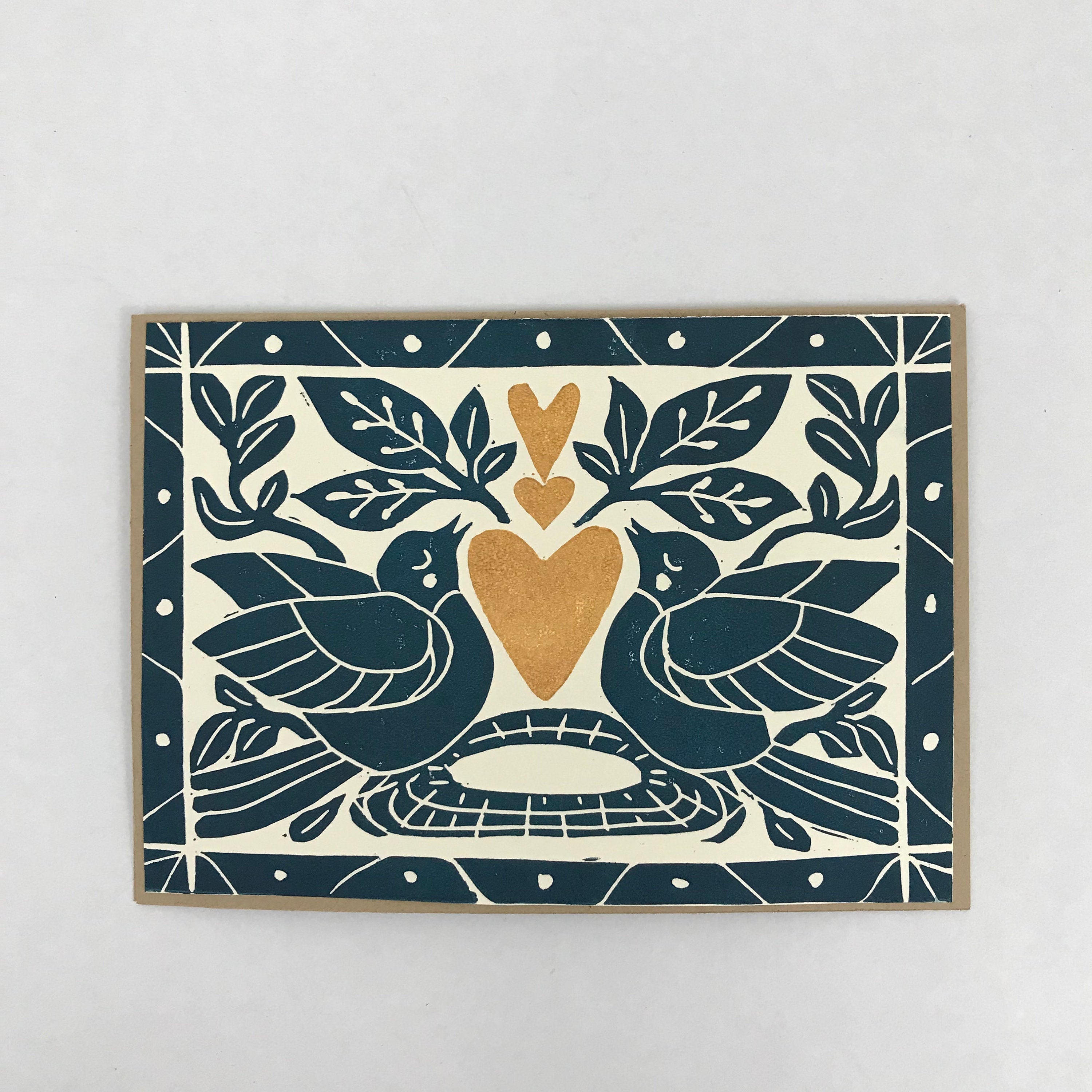 Heart of Gold folk art greeting card in Deepwater Blue.  Hand Printed Linocut 5X7