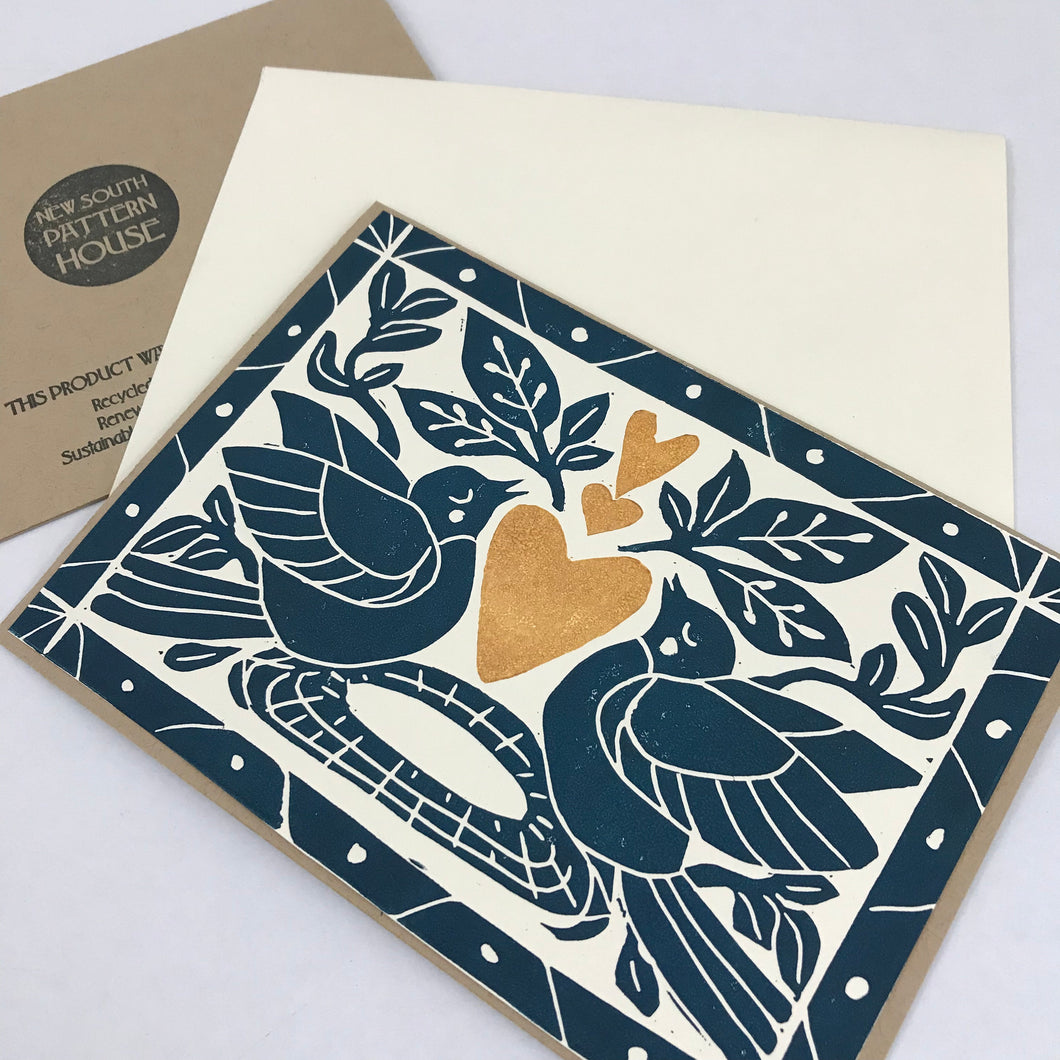 Heart of Gold folk art greeting card in Deepwater Blue.  Hand Printed Linocut 5X7